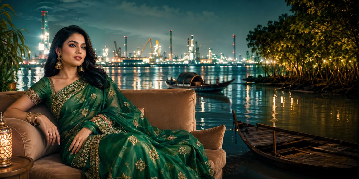 সুন্দরবনের পটভূমিতে শাড়ি পরিহিত মডেলের সাথে লটারি জ্যাকপট